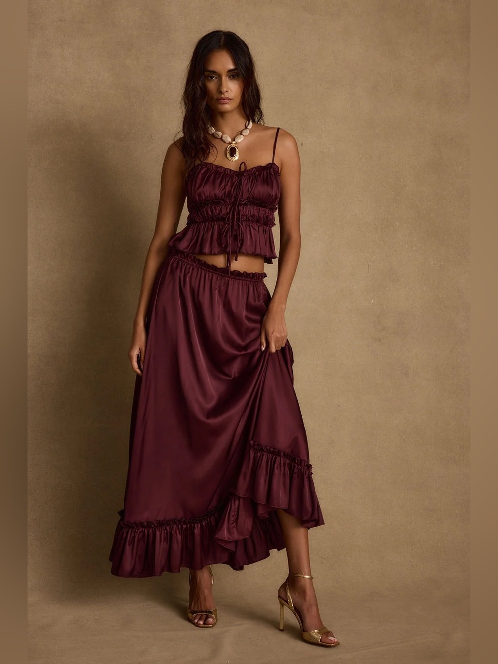 Dahlia Mulberry Satin Maxi Skirt 12th Tribe